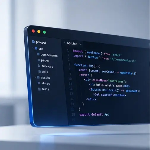 Code editor with a React project open, custom software development by Synkdots