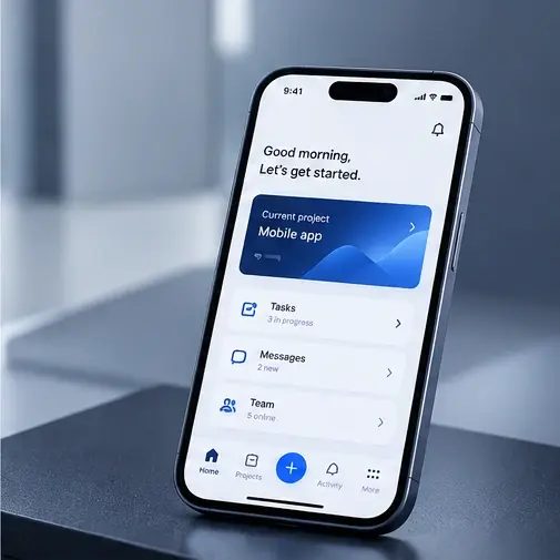 Smartphone running a mobile app for projects, tasks, messages and team